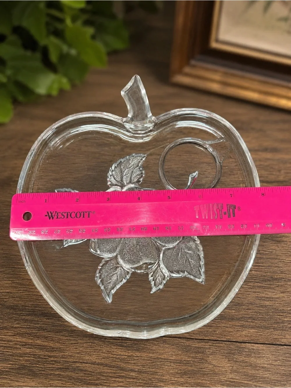 Vintage Clear Glass Apple Shaped Snack Tray & Cup Set Embossed Floral